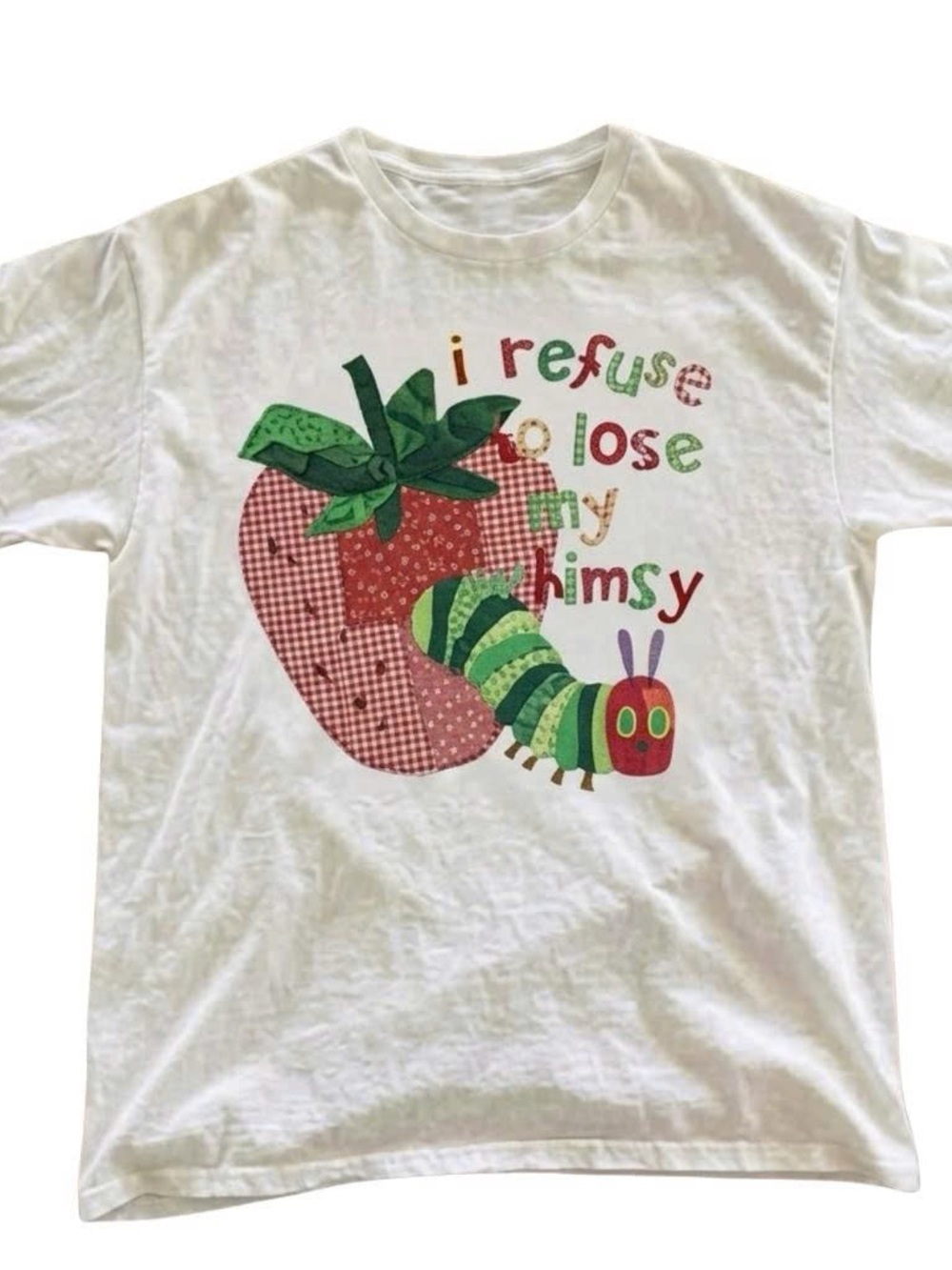 White T-Shirt with Colorful Caterpillar & Strawberry Graphic